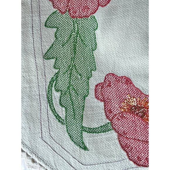 Vintage Embroidered Table Centerpiece With Floral Design & Crocheted Trim 37.5" - Picture 4 of 8